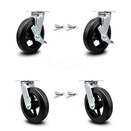 8 Inch Rubber on Steel Caster Set with Ball Bearings 4 Swivel Lock 2 Brake SCC